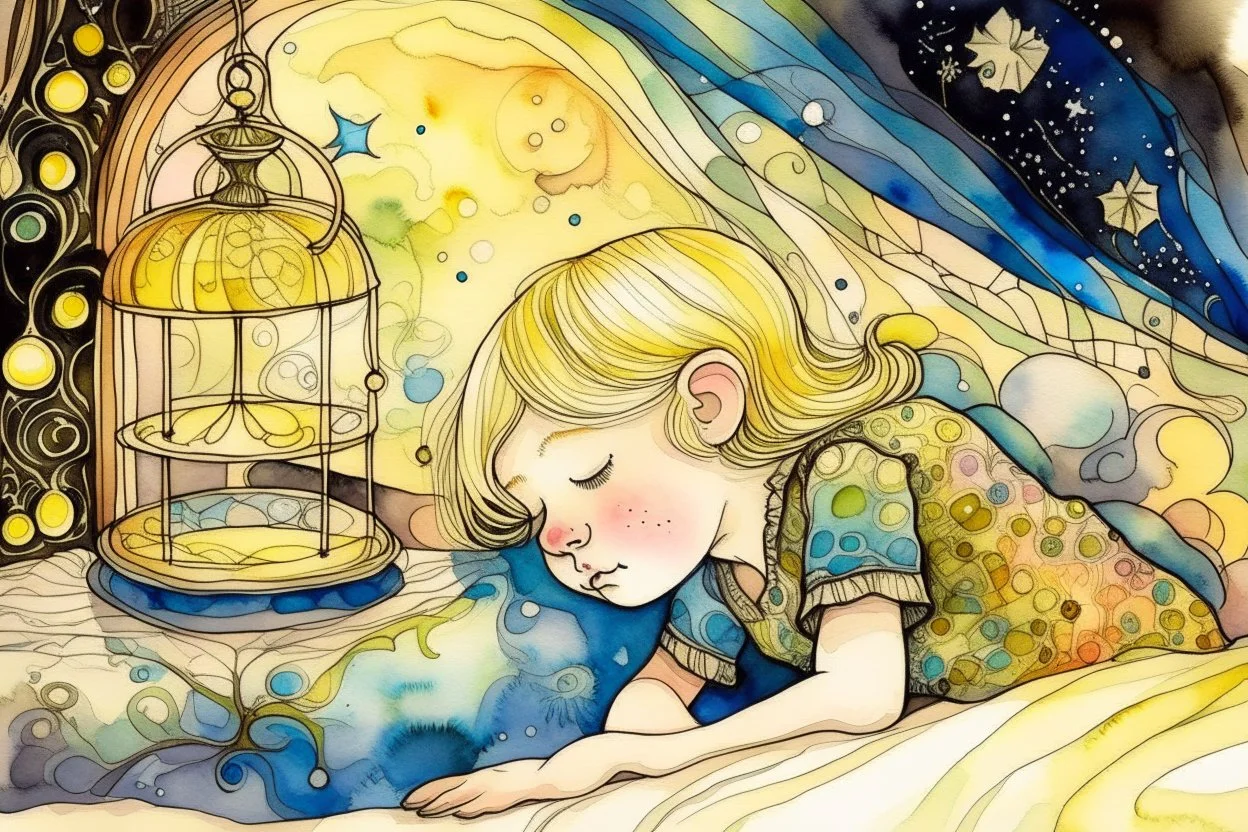 a cute little girl with blonde hair sleeping in an elegant bedroom, tiffany painted lamp lit in the background, S<AI in moonshine. Pastel melting watercolour and black ink outlines on wet paper, shading colors, light strokes. cracked holographic marble background, the cracks are golden