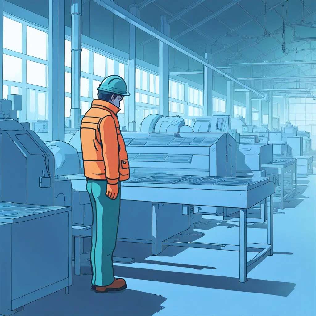 an very sad transparent glas man with working clothes, in a factory, nobody cares about the empty glas man, that is why he is so sad :( , he had worked 30 years in the factory and never had a salary increase, tears in his eyes, simon stålenhag cartoon style