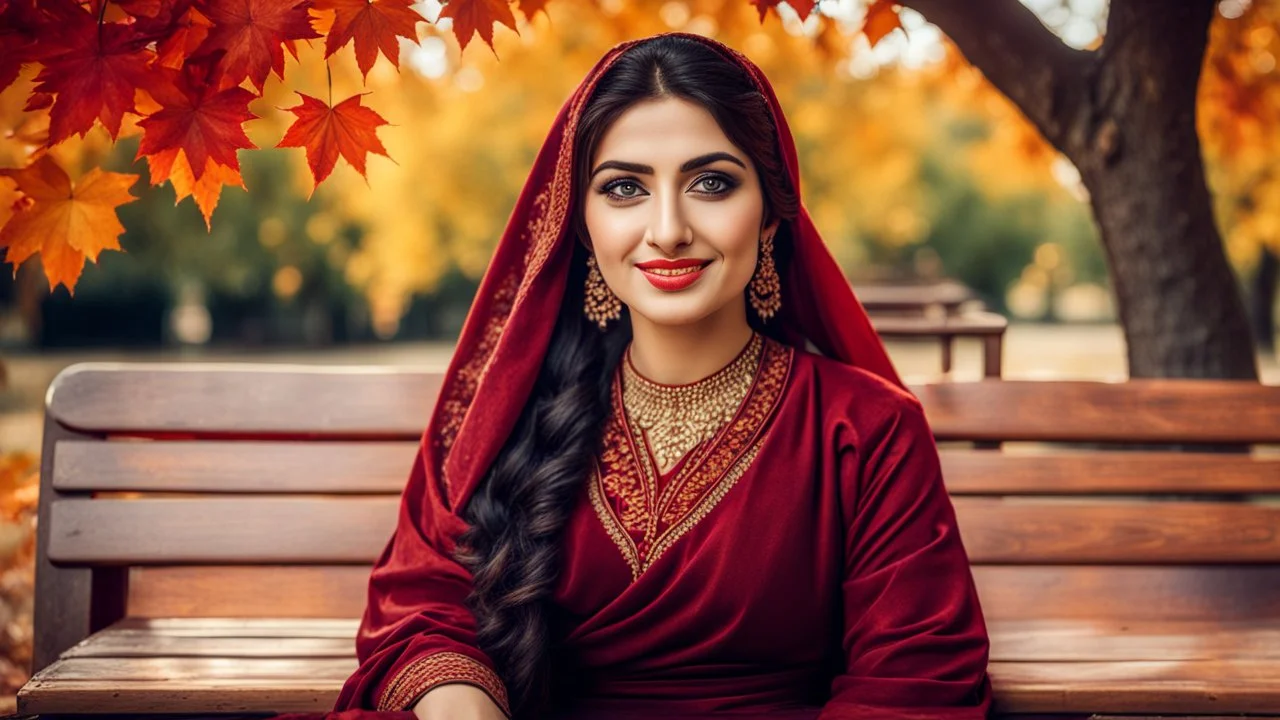 Hyper Realistic Photographic View of a Young Beautiful Pashto Woman with beautiful eyes & lips in maroon-dress-with-red-embroidery-&-black-velvet-dupatta, Smiling having Dimples on her cheeks & sitting on a fancy-wooden bench in an-autumn-park with Orange Leaves on the grungy-land with an old-thick-tree & sun-rays casting-tree-shadow showing dramatic & cinematic ambiance.