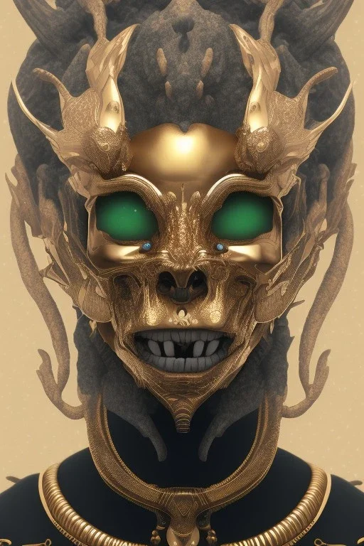 black male African Egyptian alien, cracks in the voodoo head, wicked, eyes, crown, Elephant, 8k, finely detailed, photo realistic, tiger turquoise skull head gold dragon space alien snow skeleton gold fang teeth silver crown silver eyes