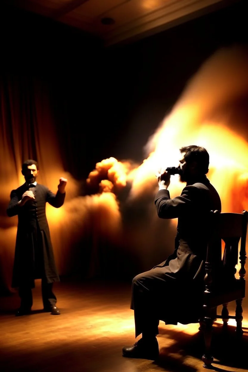 Create a powerful visual representation of the moment Booth fires a single shot into the back of Abraham Lincoln's head. Convey the shock and chaos among the audience as the gunshot reverberates through the theater