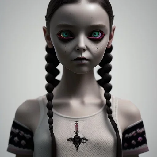 Wednesday Addams, Wednesday with braids standing with her arms crossed, dark, hyper detail, octane render, unreal engine 5, photorealistic, 8k resulation