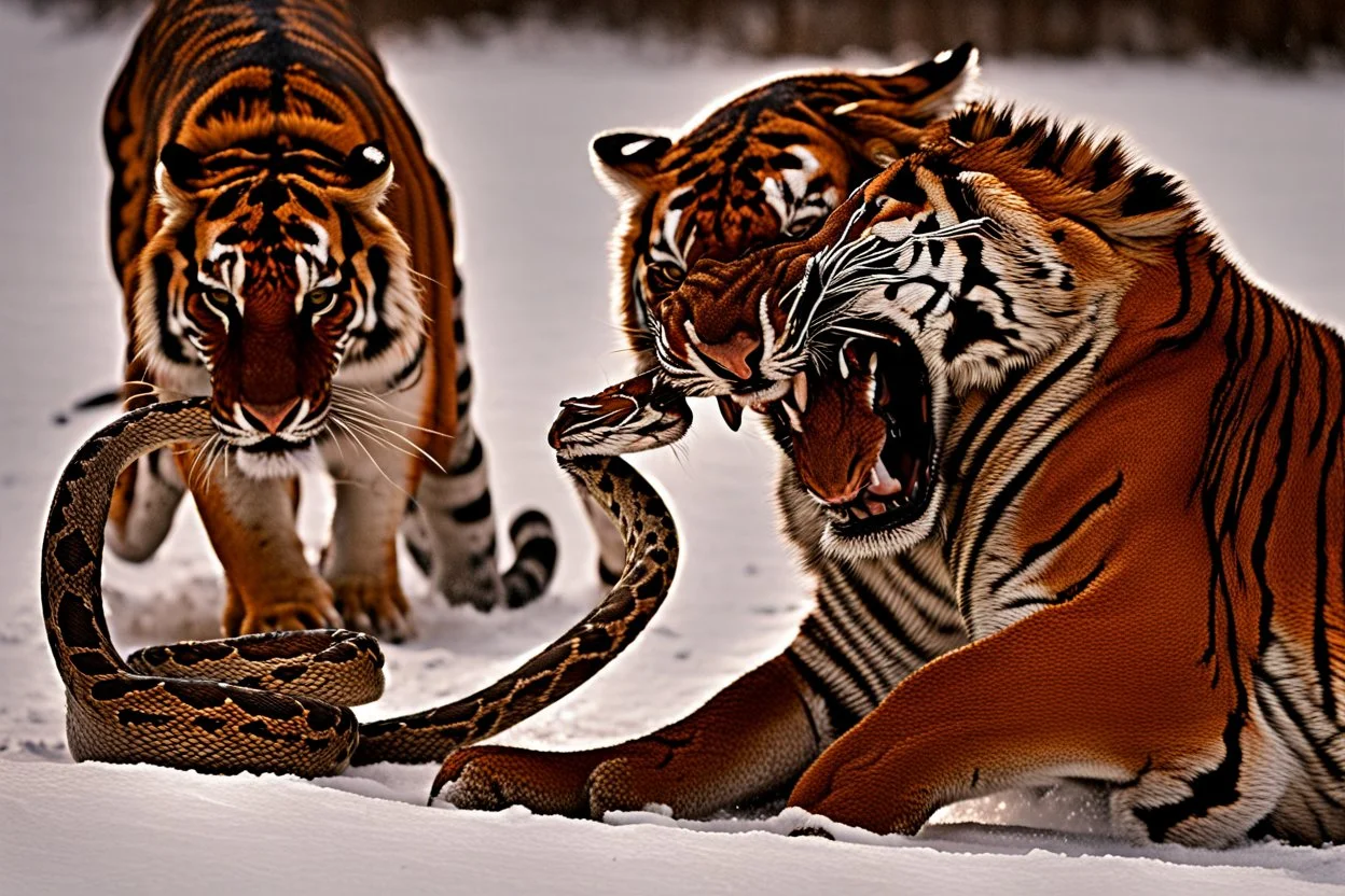 A python with its coils partially wrapped around a tiger. The python is thin but has a very long body, emphasizing the contrast with the tiger. The tiger, captured mid-action, is trying to bite the python. The high shutter speed freezes this intense moment, highlighting details like the textures of the python's scales and the tiger's fur, and the expression of struggle and defense. The background is a dense jungle with green foliage and vines. The rest of the python's body is visible, extending