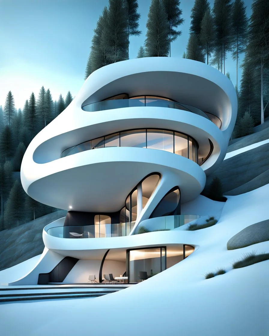 casa pequeña en una pendiente, en forma ovalada y redonda, estilo Zaha Hadid, calidad ultra, arte digital 3D, 8k