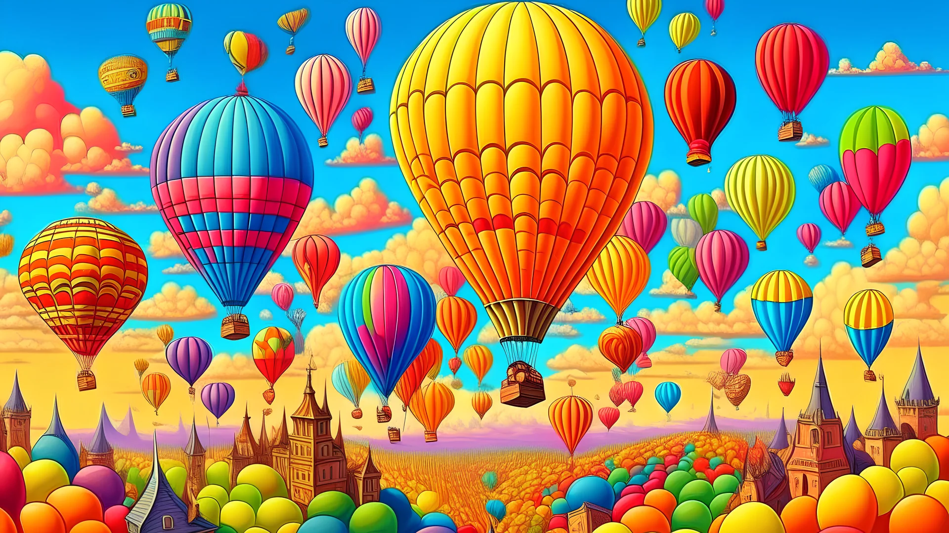 你是一個想像力豐富的兒童插畫家 要畫瘋狂世界裡，天空中，一群氣球飛行員正駕駛著巨大的麵條氣球，它們的形狀就像各種不同的麵條，讓天空也充滿了歡樂。 圖要有邊黑框