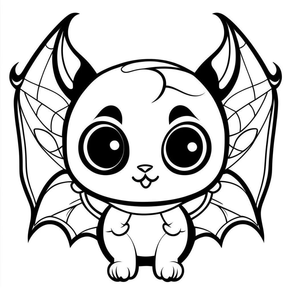 create a 2d black outline, " kawaii cat with bat wings coloring book for kids", coloring page, low details design, black contour, coloring page design, colorful , card style, coloring page for kids, halloween backgorund,sketch style,