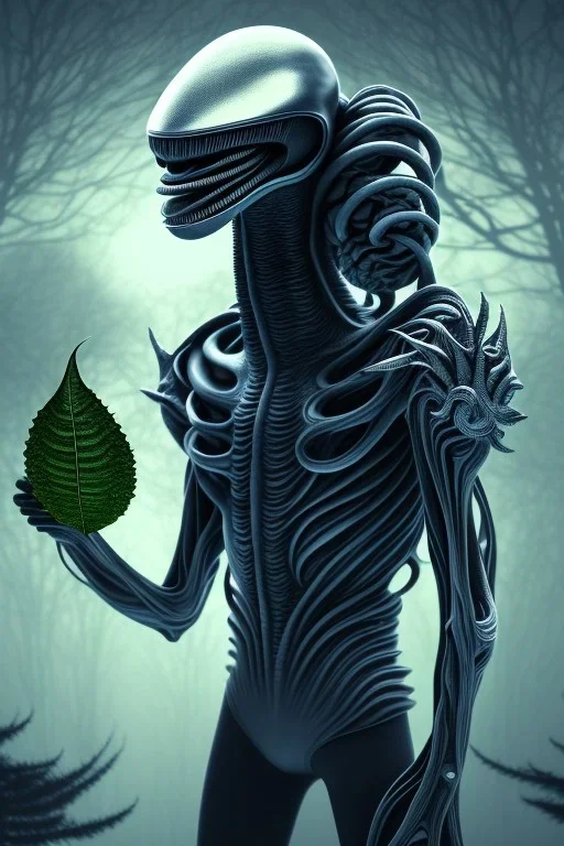 running alien portrait , black jogging suite , in the night Alps , holding leaves and coins , angels background, volumetric light, high detail, dark leaf tree, dark mountains in background, perfect, HR Giger style