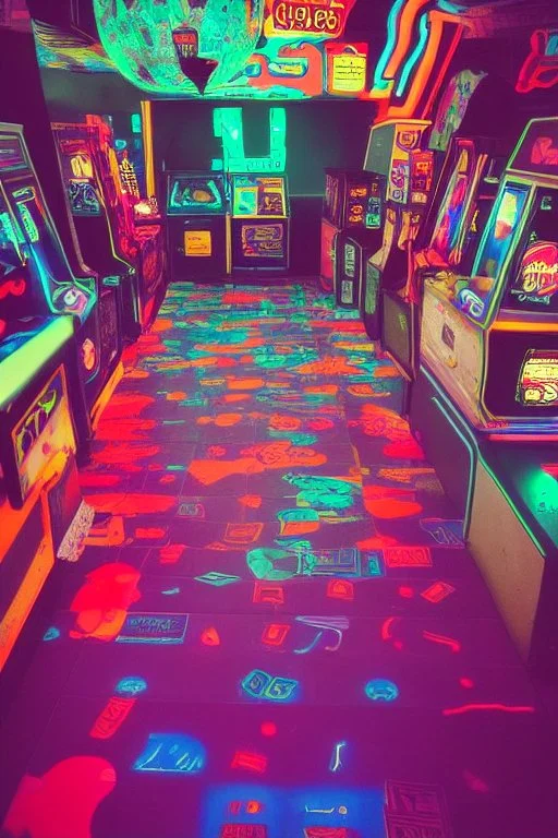 A dark photo an 80's aesthetics arcade at night, with a lot of functioning arcade machines, a vaporwave floor and some colorful tiles in between the floor