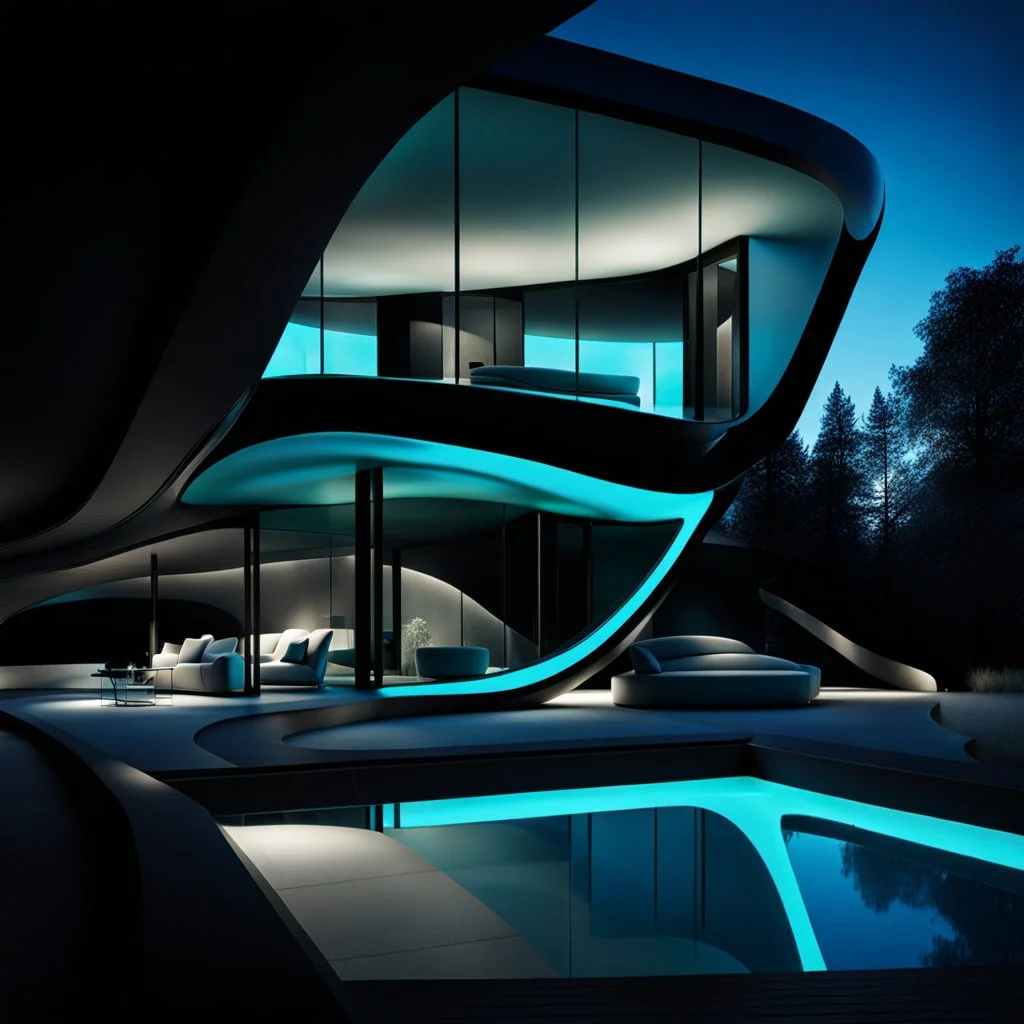 Casa campestre de cristal, estilo Zaha Hadid, ventanas de vidrio azul, Arte digital, calidad ultra, 8k, 3D