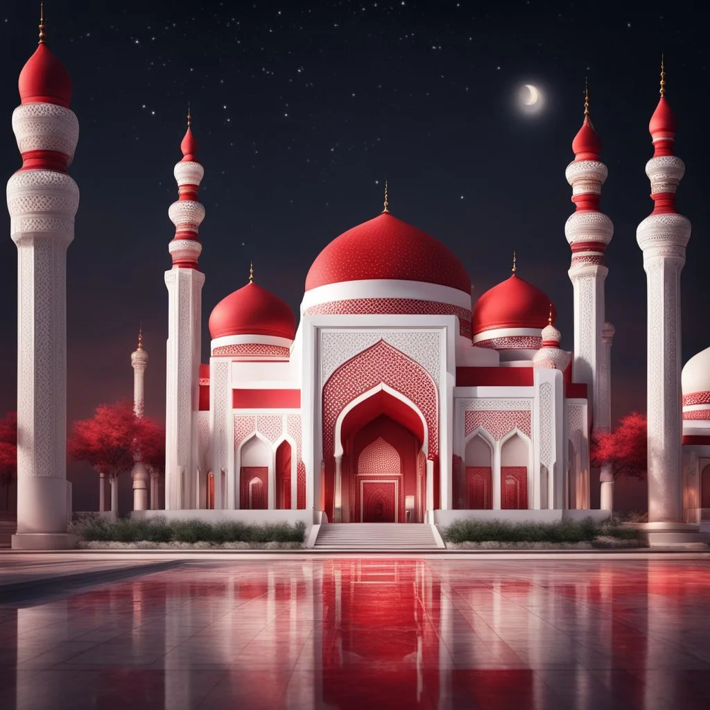 Hyper Realistic Red & White Mosque at beautiful night