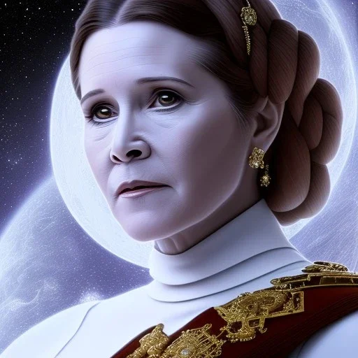 extremely detailed 8k hyperspace wallpaper,complete and photo realistic detailed head to waist stunning photo realistic portrait of carrie fisher as Princess Leia in star wars with photo realistic fine and simple hairstyle, brown eyes, professional majestic photo realistic painting by Ed Blinkey, Atey Ghailan, by Jeremy Mann, Greg Manchess, Antonio Moro, trending on ArtStation, Intricate, High Detail, Sharp focus, dramatic, by greg rutkowski, realism, beautiful and detailed lighting,