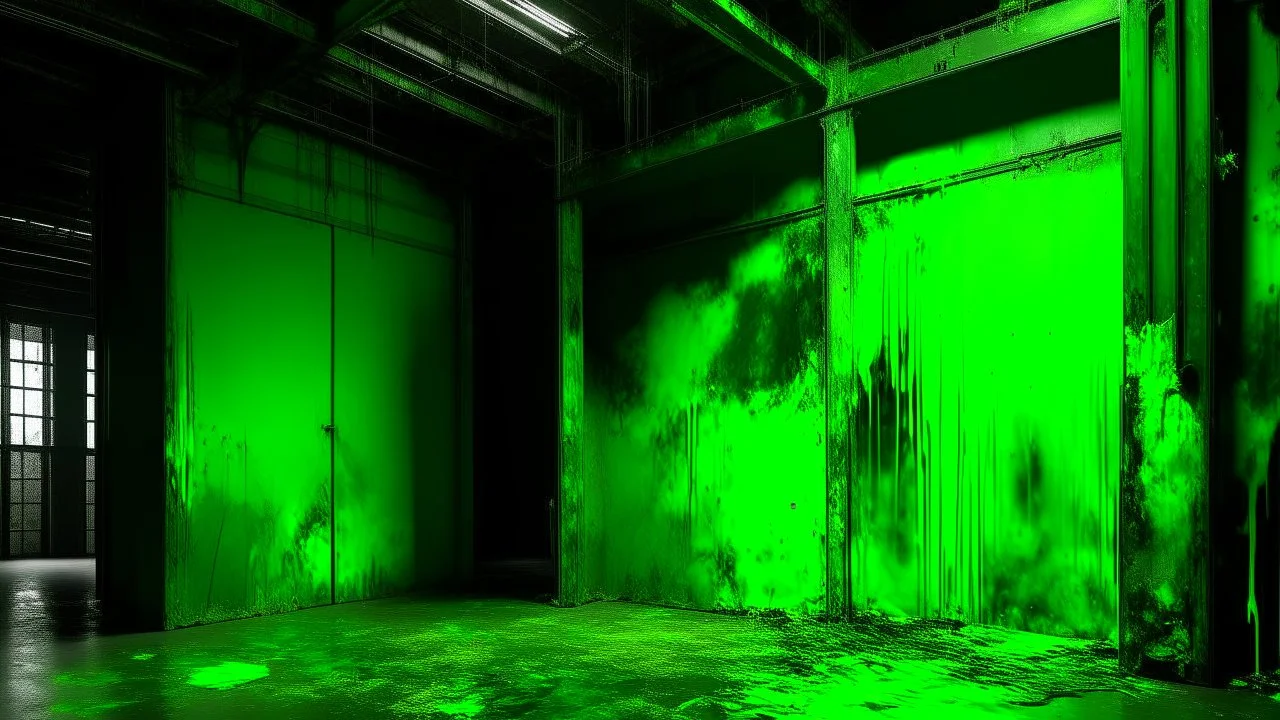 A neon green warehouse covered in mold painted by Paul Cezanne