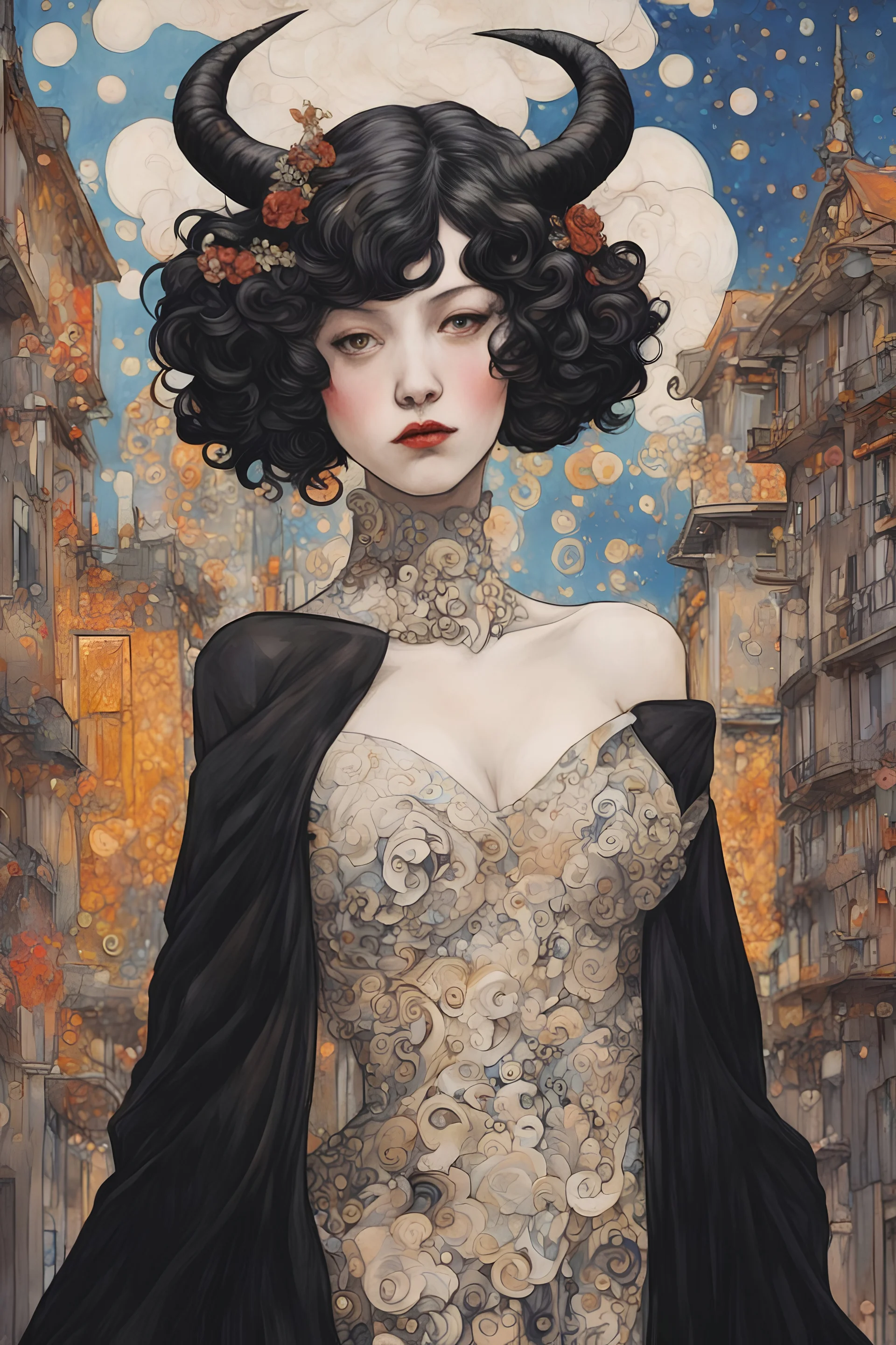 Devil lovely fantasy bombshells Aubrey Beardsley style One model Japan Gustav Klimt style, no wearing of lovely dream, symptom, image in the background in the city artgerm display Gustav Klimt style artgerm display in the Barcelona the 2024th century oil