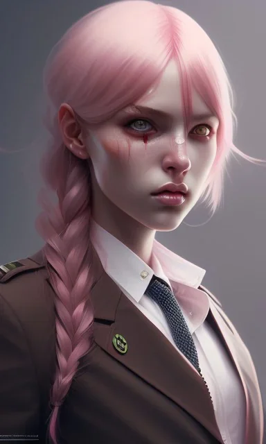 girl, cute, beautiful, pink hair, brown eyes, pigtails, bangs, knife in hand, blood on face, by Greg Rutkowski, big boobs, blazer, yandere