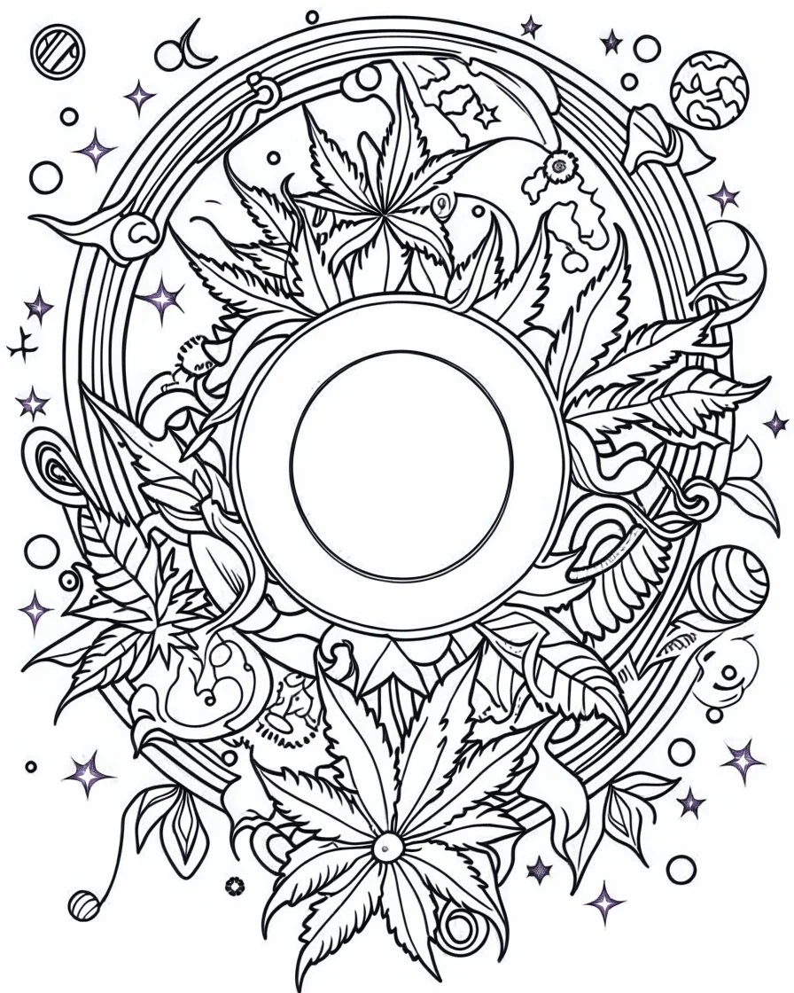 outline art for stoners coloring pages with A very simple and super minimal design featuring A trippy cosmic journey through space, with planets and stars morphing into cannabis leaves, white background, sketch style, fully body, only use outline, mandala style, clean line art, white background, no shadows and clear and well outlined