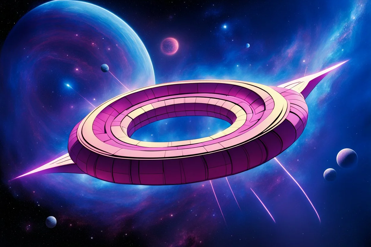 the gigantic starship of Marvel's Galactus "TAA-2" shaped like a Mobius strip with Jack Kirby design elements, in space