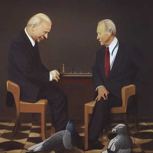 Putin, President Xi Of China And Joe Biden Play Chess between lights and shadow With A Pigeon,And Atomic Bomb Mushroom Cloud,Complex Surgical Instruments Intermixed With A Newborn Boy,Minimalism,Painting By Adrian Ghenie,Rene Magritte,Pablo Picasso,Michelangelo,Salvador Dali,Lucian Freud