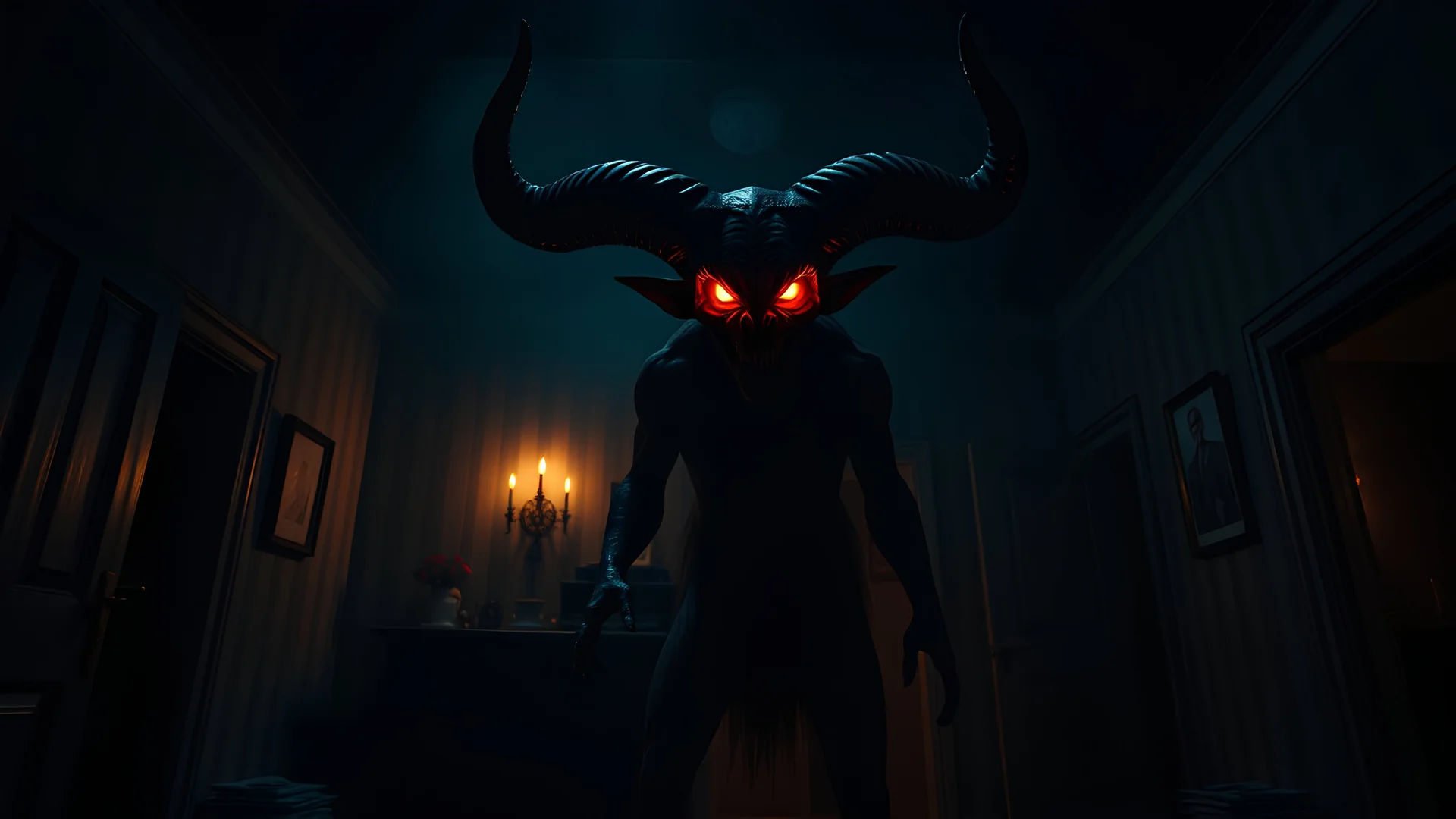 A terrifying, tall, horned demon with eyes glowing with fire stood in a room in an old house, In the dark night, photo real, 8k, cinematic, this poster incorporates rich cinematic color grading reminiscent of Kodak Porta 400 and Cinestill 800 films, shot through a Leica M10 lens, with a cinematic image of high contrast.