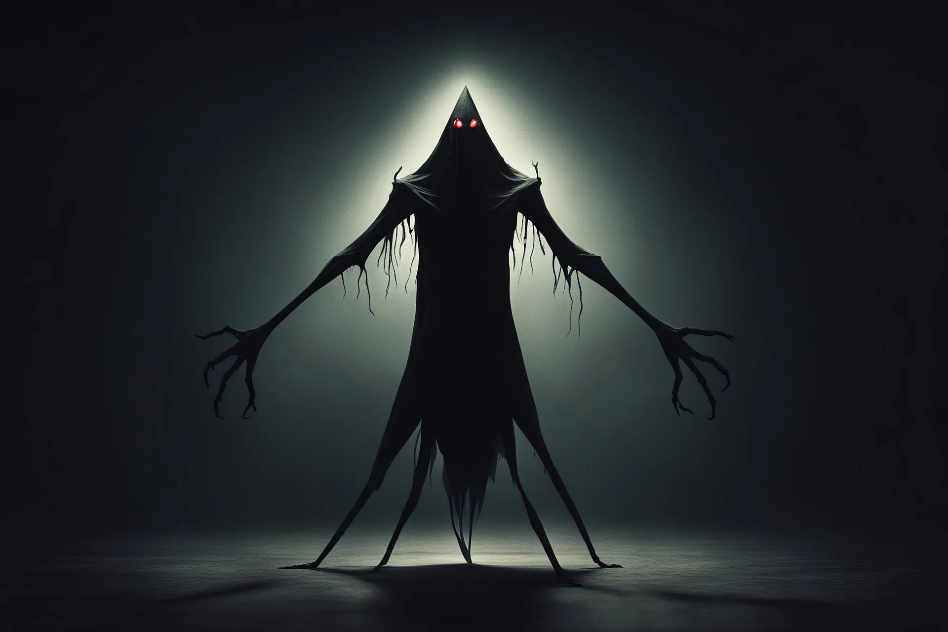 A demonic figure with a triangular body with long arms and creepy small eyes that is floating in a dark room