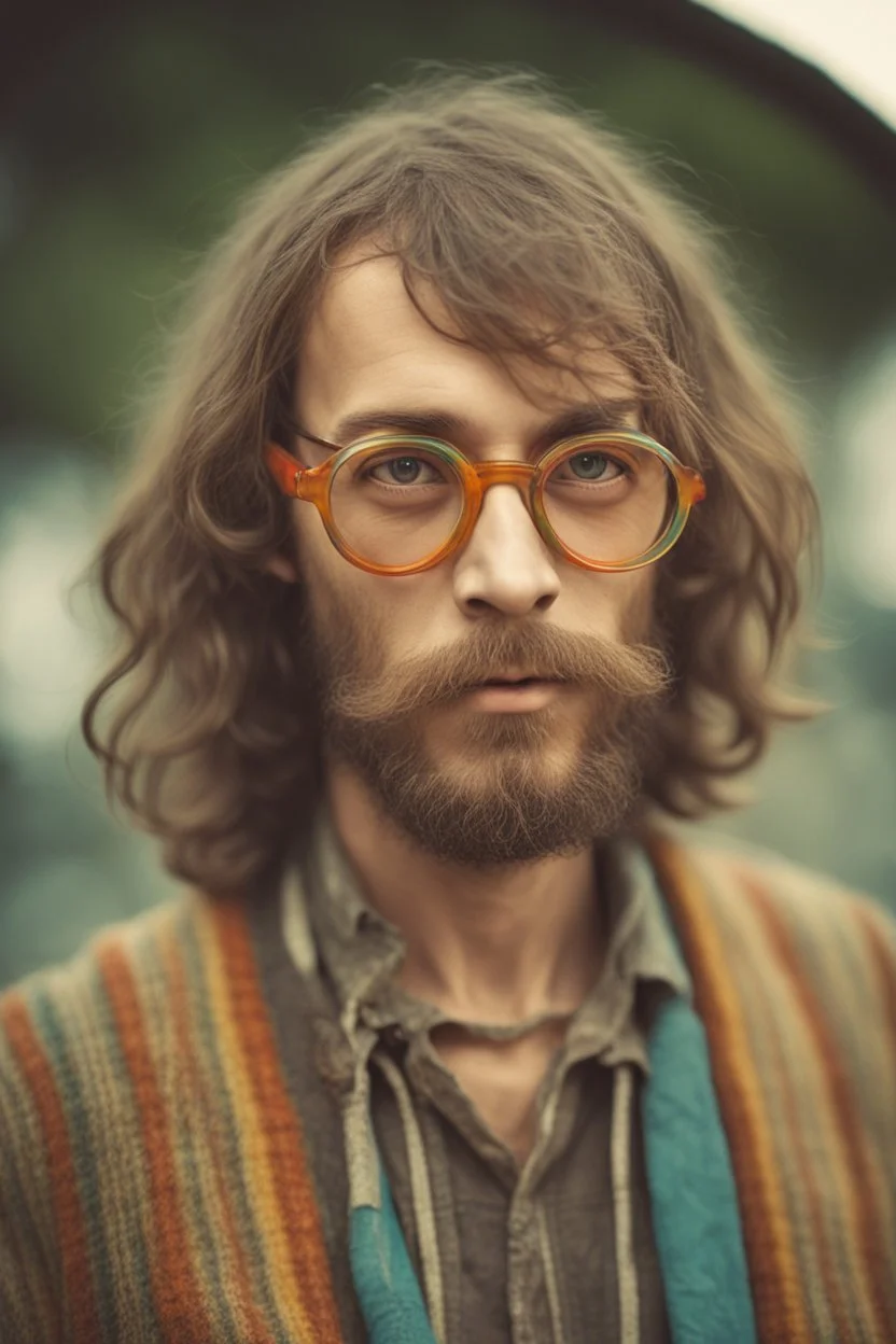 Hippie bohemian young ugly man with Parisian bohemian look and glasses of colours and poor and short short short and poor hair on the head with receding hairline. Farsightedness glasses with big eyes. Long beard. Vintage look and feel like photo styleof the 70s