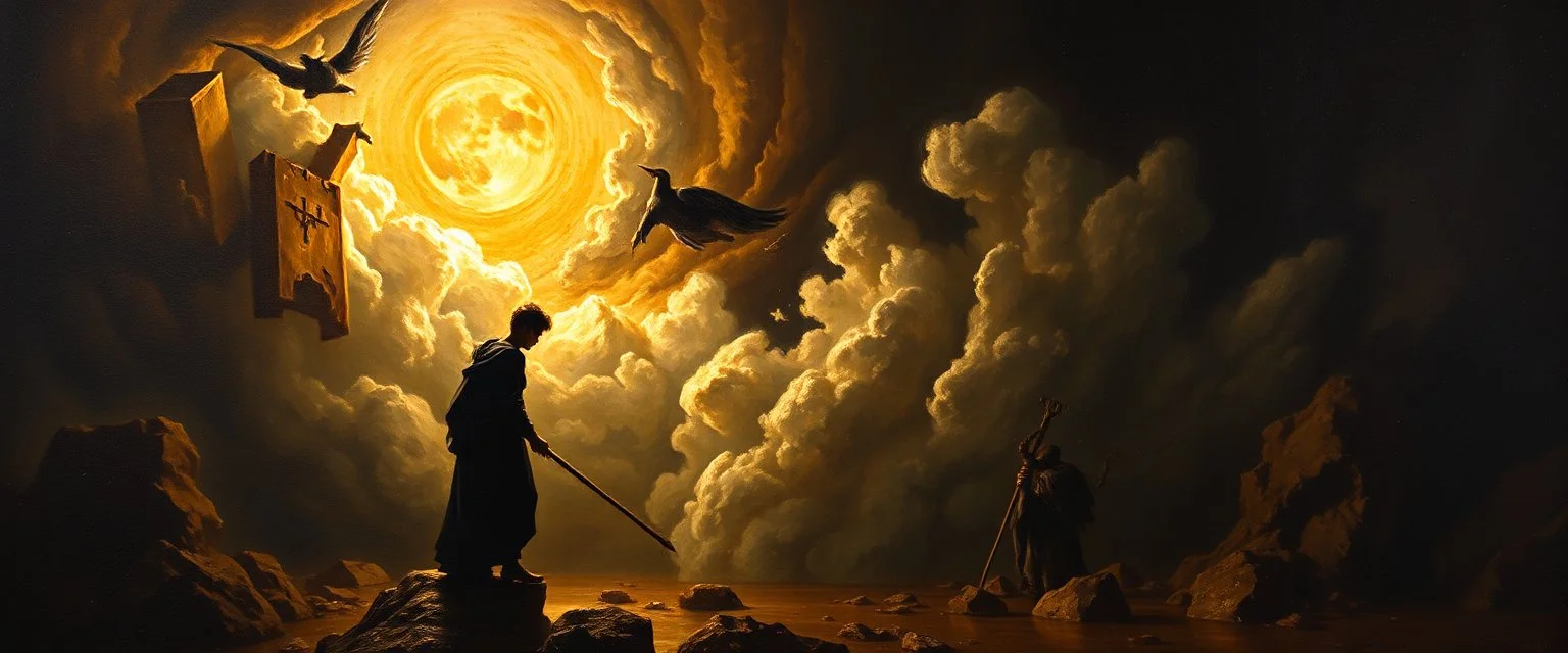 master oil painting by Rembrandt,My child, my Fool, my mirror in the deep, The truths you seek are yours alone to keep. I am but echo, shadow, whispered name— You are the one who plays the greater game. The gods of old still hunger in the void, But you, Klein Moretti, cannot be destroyed. Not wholly. Not while one soul calls you friend, Not while this story races toward its end.