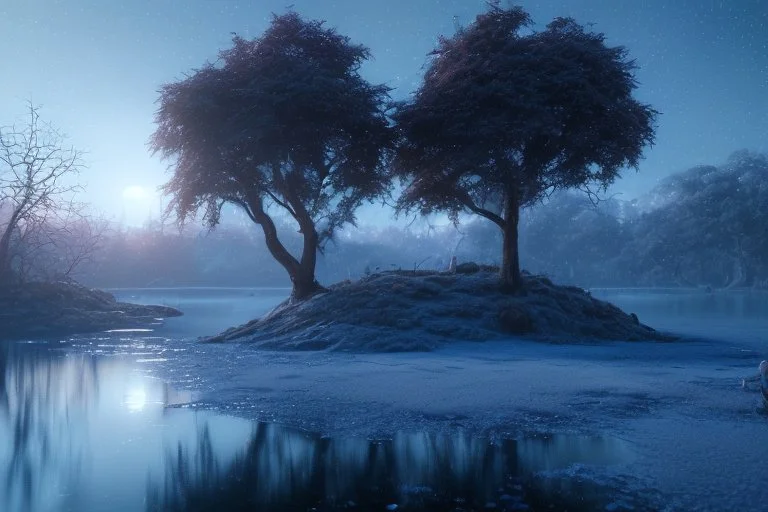 Ice blocks, one tree, night, lagoon reflection, sci-fi, epic,