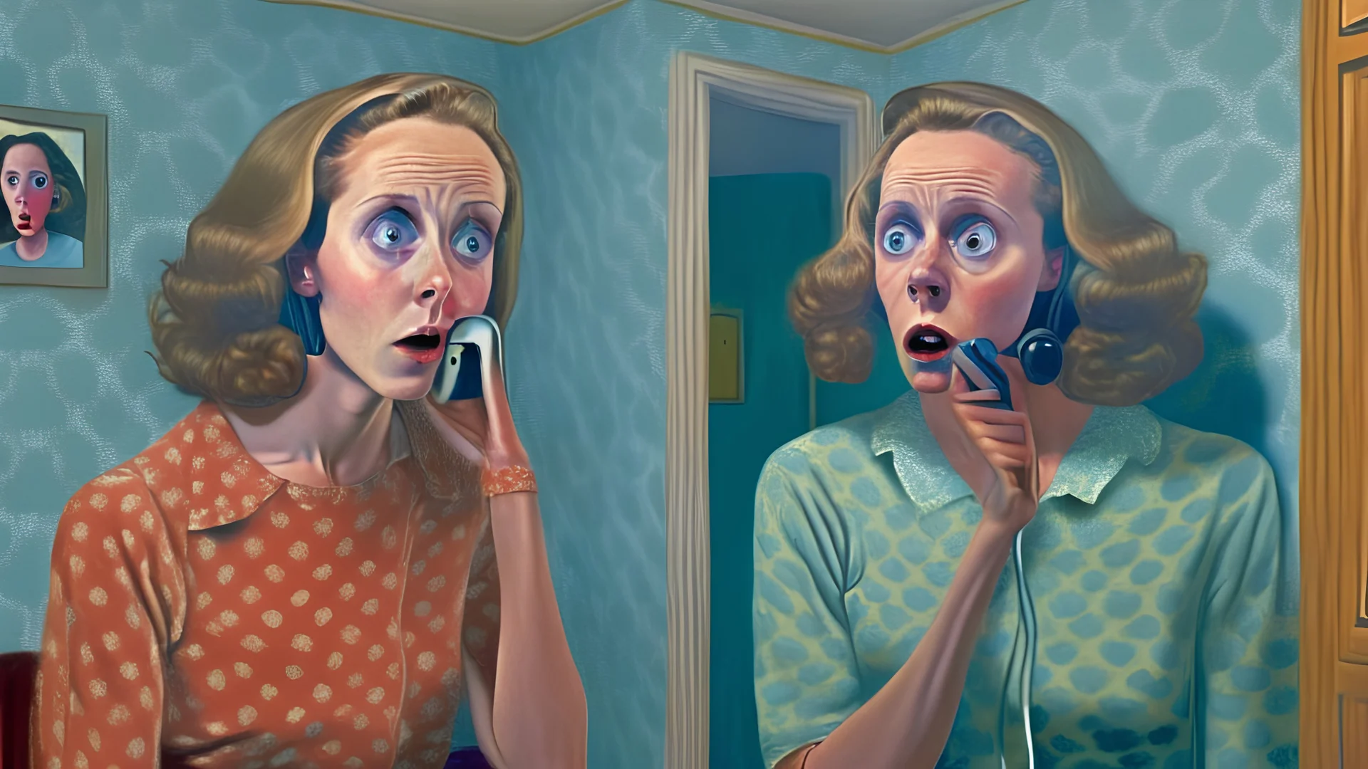 lady's twin sister in another room talking to her on the phone