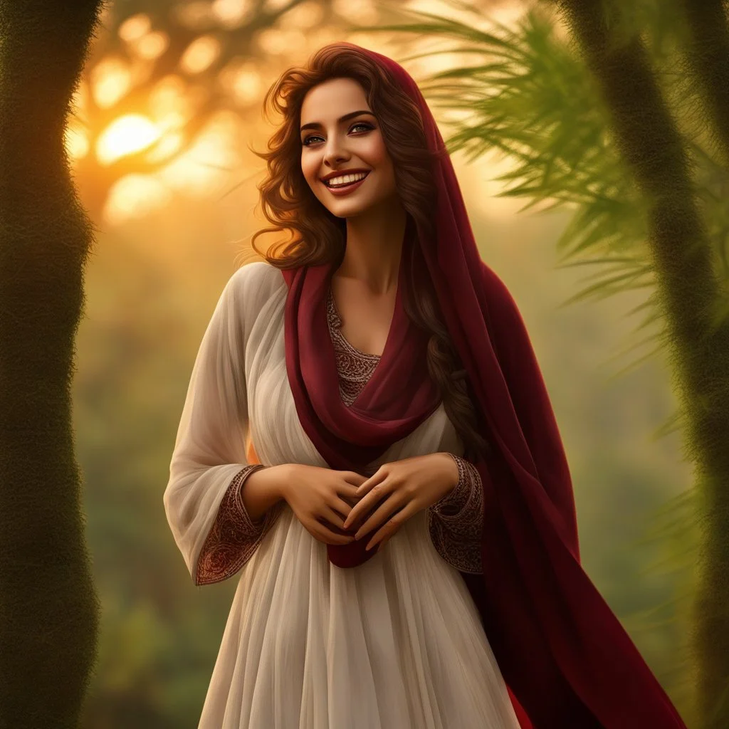 Hyper Realistic Close-up-view of a Beautiful-Young-Happy-Pashto-Woman-with-beautiful-eyes-Smiling with-white-dress-with-maroon-shawl & breeze-whirling in a jungle-with-tall-trees & cloudy-sunset-&-sun-rays showing dramatic & cinematic ambiance