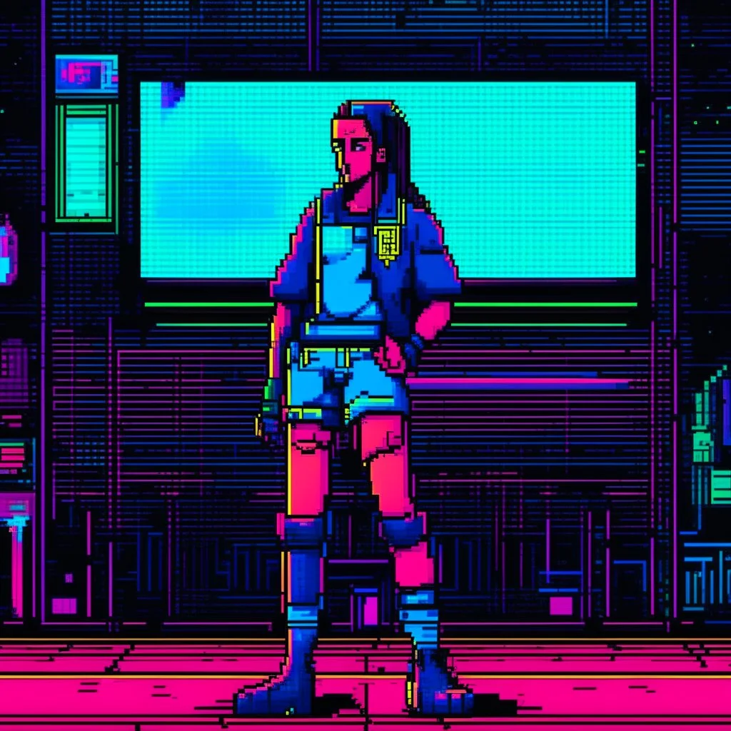 A pixel art cyberpunk version of the best football predictor master pundit soccer champ master female cool beautiful neon