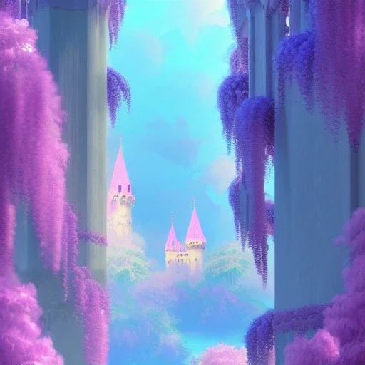 a pink castle, magical crystal pink castel, vertical light, pink and blue wisteria , pink vertical, blue lake,sharp, background vertical blue gradient vertical, elegant, highly detailed, artstation, concept art, smooth, sharp focus, illustration, 8k, splash art, wallpaper, key visual