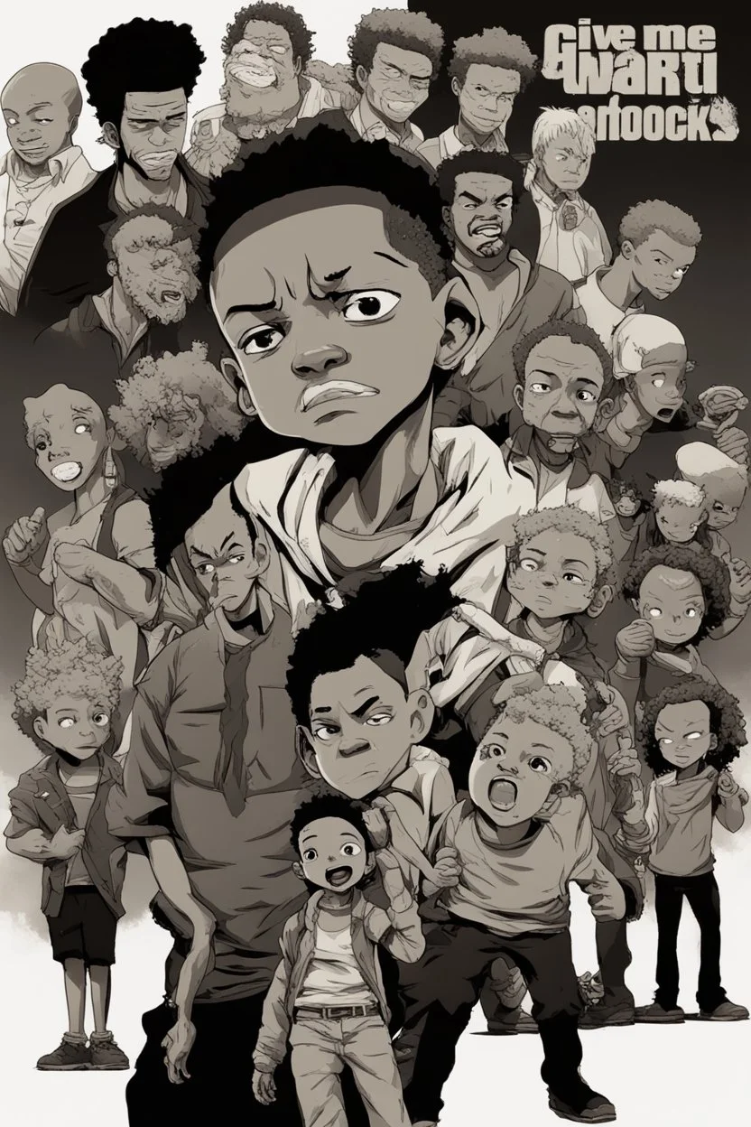 Give me the art-style of the boondocks with a poster of the main cast from TWD Series. Add guts from Berserk and griffin eating a small baby deer.