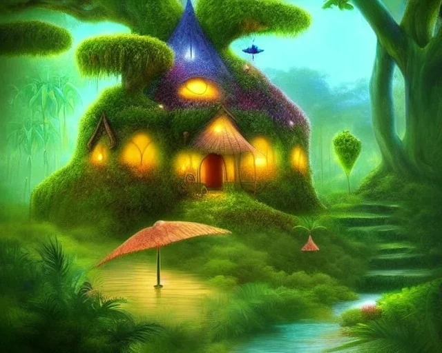 mystical house on a hot tropical island, fantasy art, surreal art, beautiful little fairies sitting on the trees,