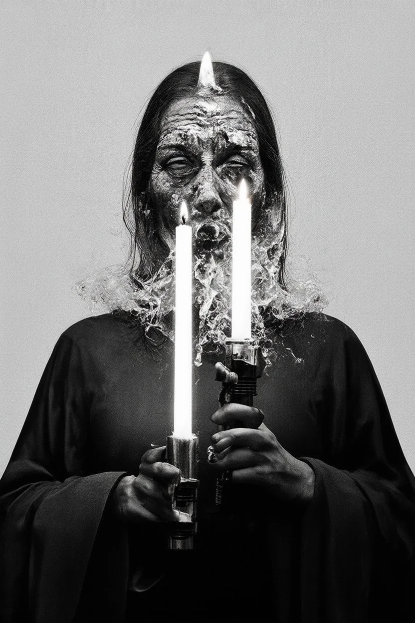 face melting light saber candle INFINATE MONEY GLITCH in the style of surrealism black and white divinci