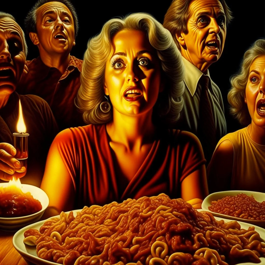 Spooky, ultra realistic distress, dining, ultra realistic hot woman, pieces of meat, woman, silver organic palen ail dynamic, anguish, excited and lively scene, hot women, giant, eye, hypermaximalist figures, Alfred Hitchcock, insanely detailed, John Carpenter, Dario Argento, ornate