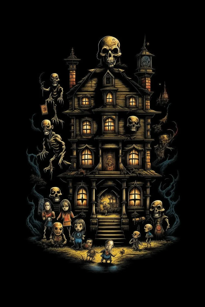 Science experiment Horror Doll house by Richard Corben, Todd Schorr, T-Shirt Design, Black Background