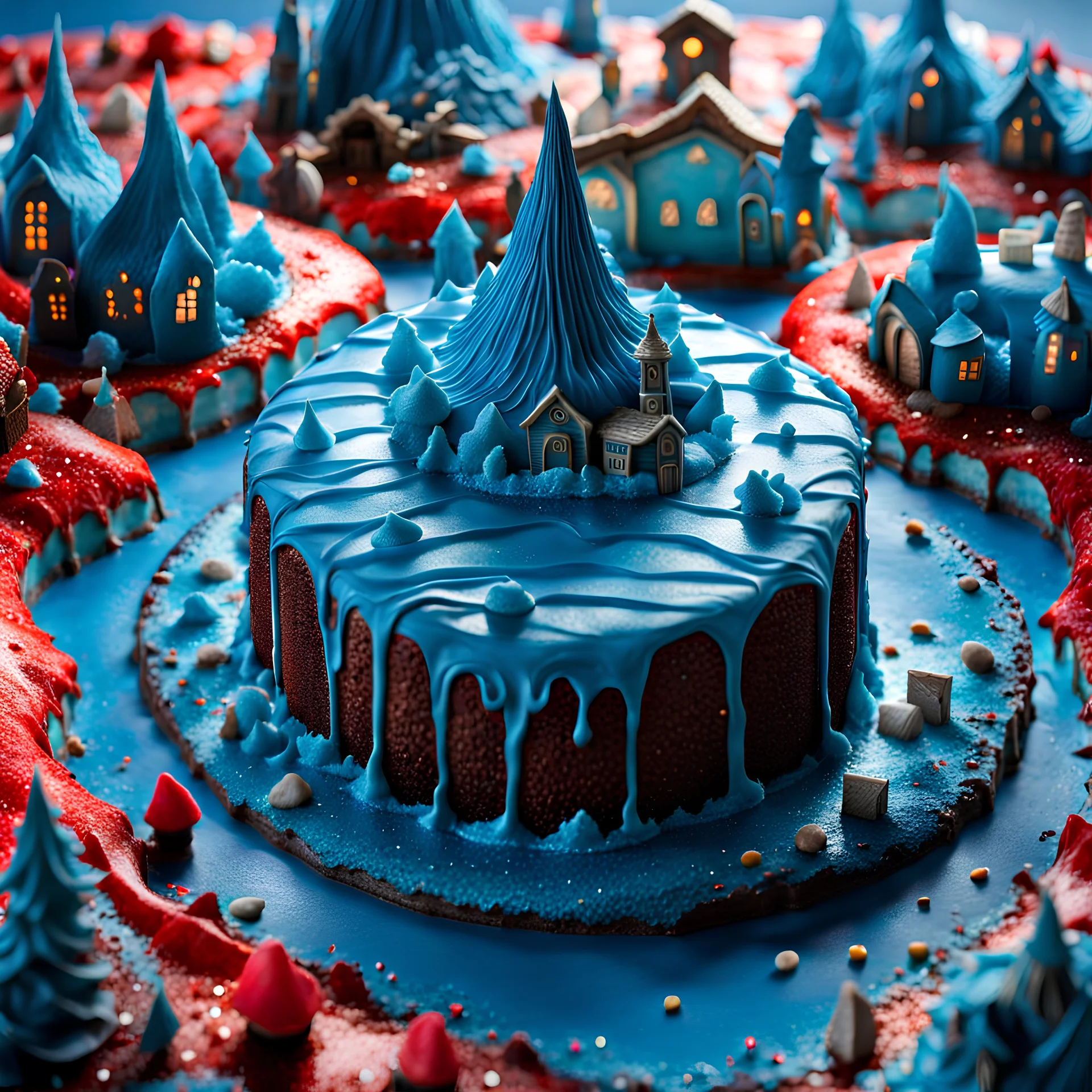 detailed creepy landscape made of cake-frosting, figure, city, sun, Amano , Roger Dean, strong texture, Ernst Haekel, extreme detail, intricate, colours, Max Ernst, Sam Raimi, rich moody colors, sparkles, blue eyes, octane render, 55mm photography