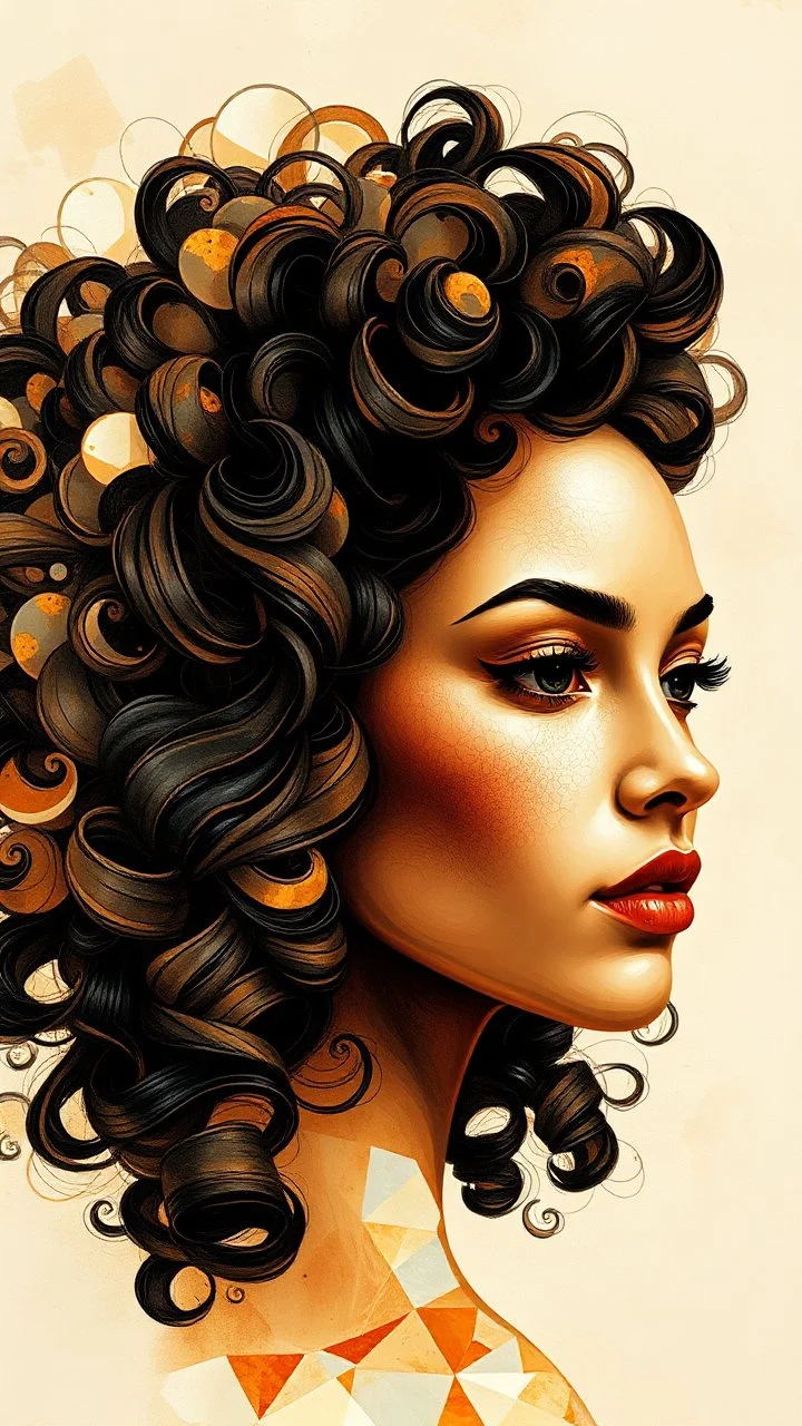 A beautiful women face abstract pattern using a palette of mother of pearl, rosewood, burnt amber beautiful curly hair