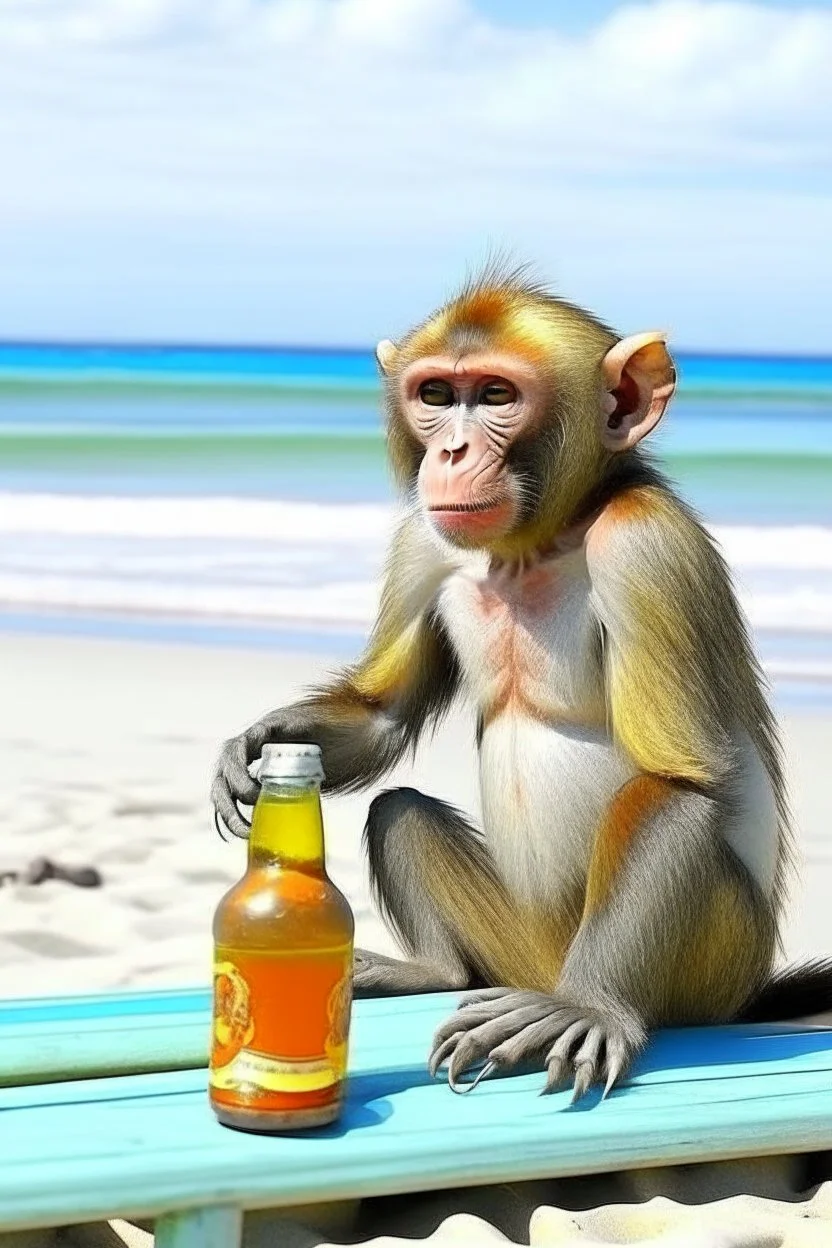 Show me monkey, which is on the beach and drink beer