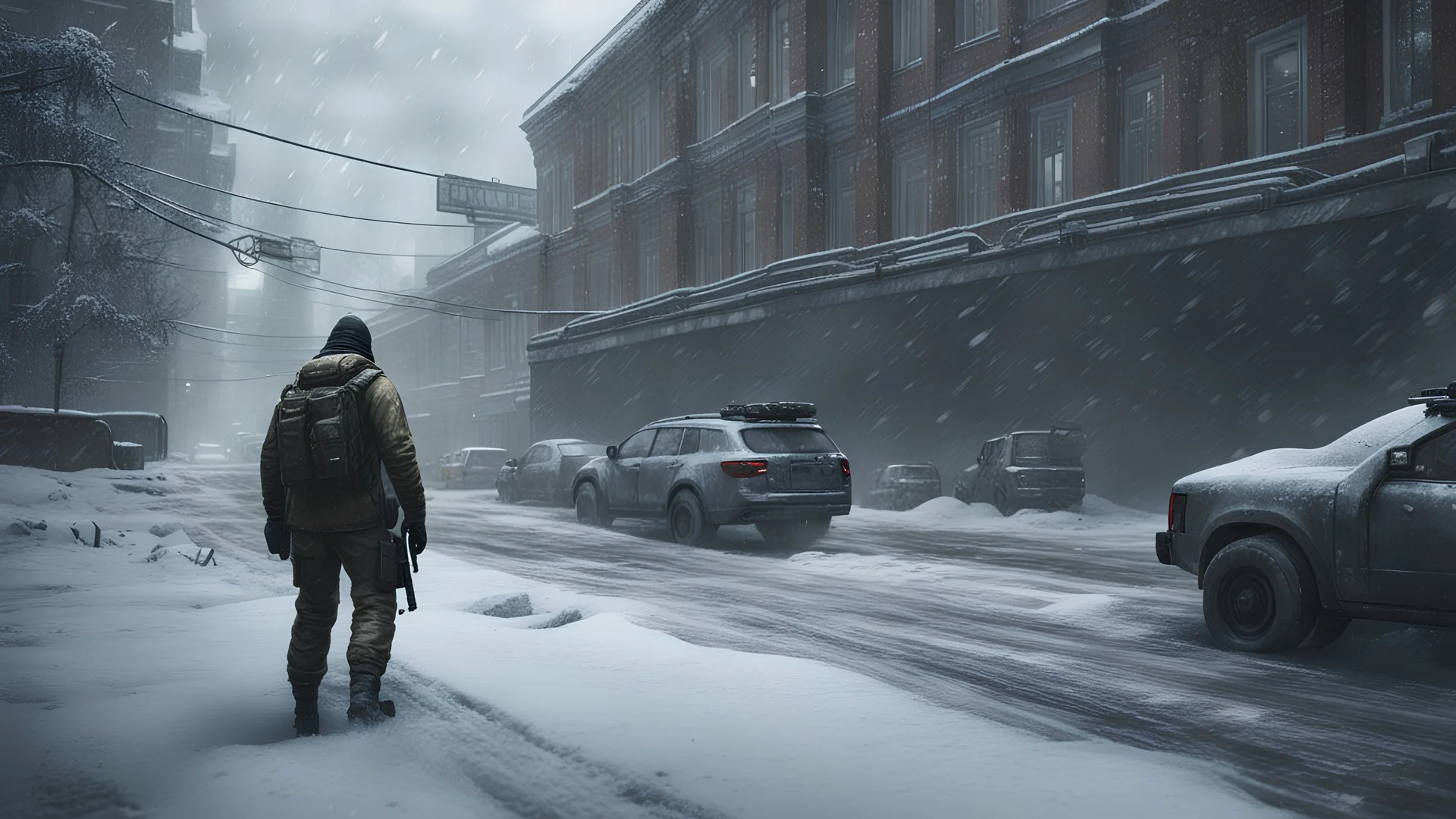 Escape from Tarkov a man in a city snowing