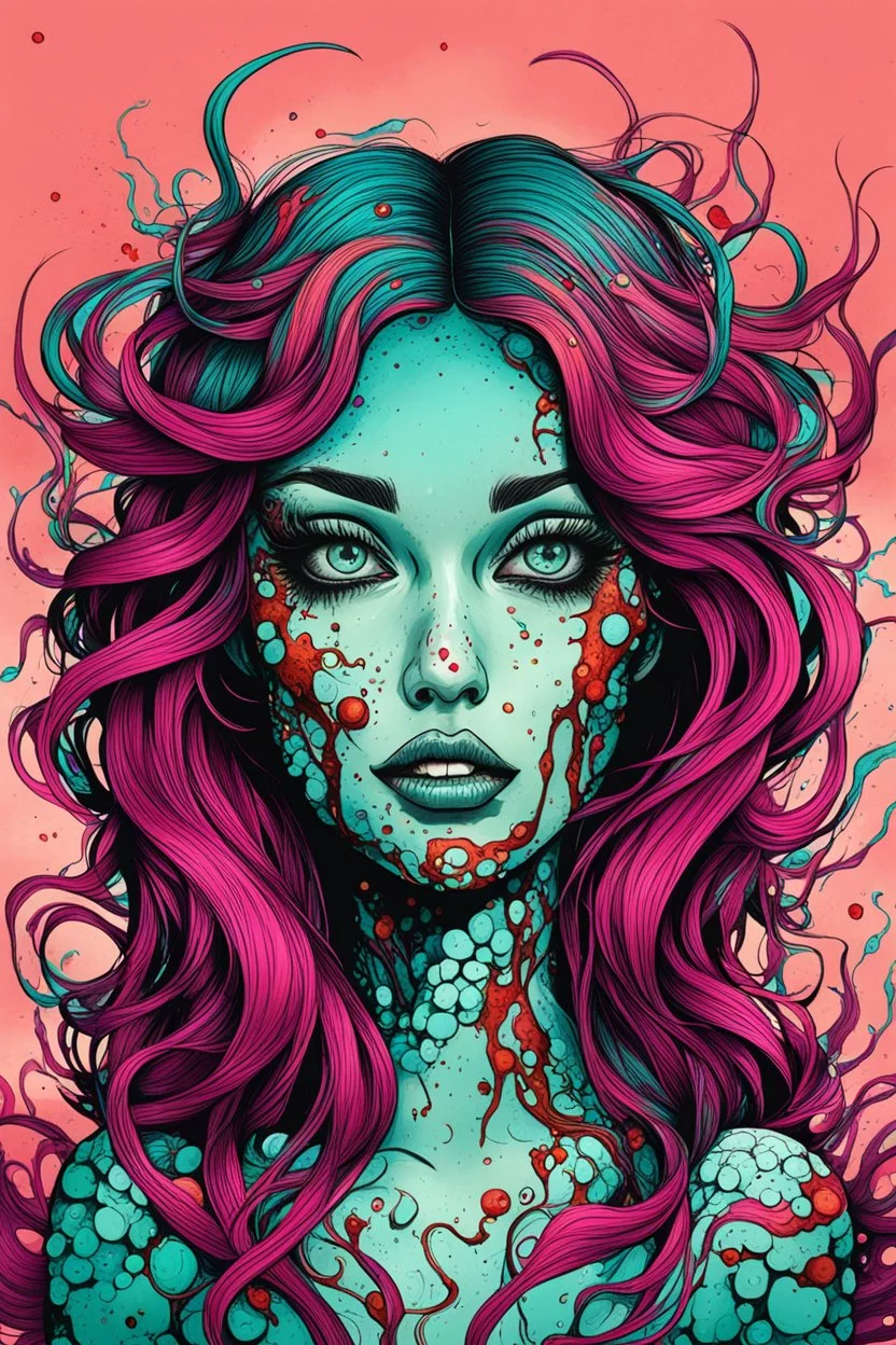 illustration of a freckle faced siren anti heroine in the style of Alex Pardee