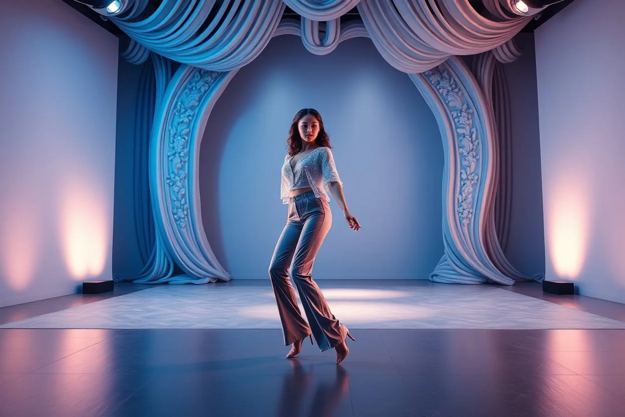 modern stage with gray-blue theme artistic decoration , color full dynamic lighting, a beautiful lady in pants and blouse with shining silver jewels dancing, 3D recursive fractal structure animating background