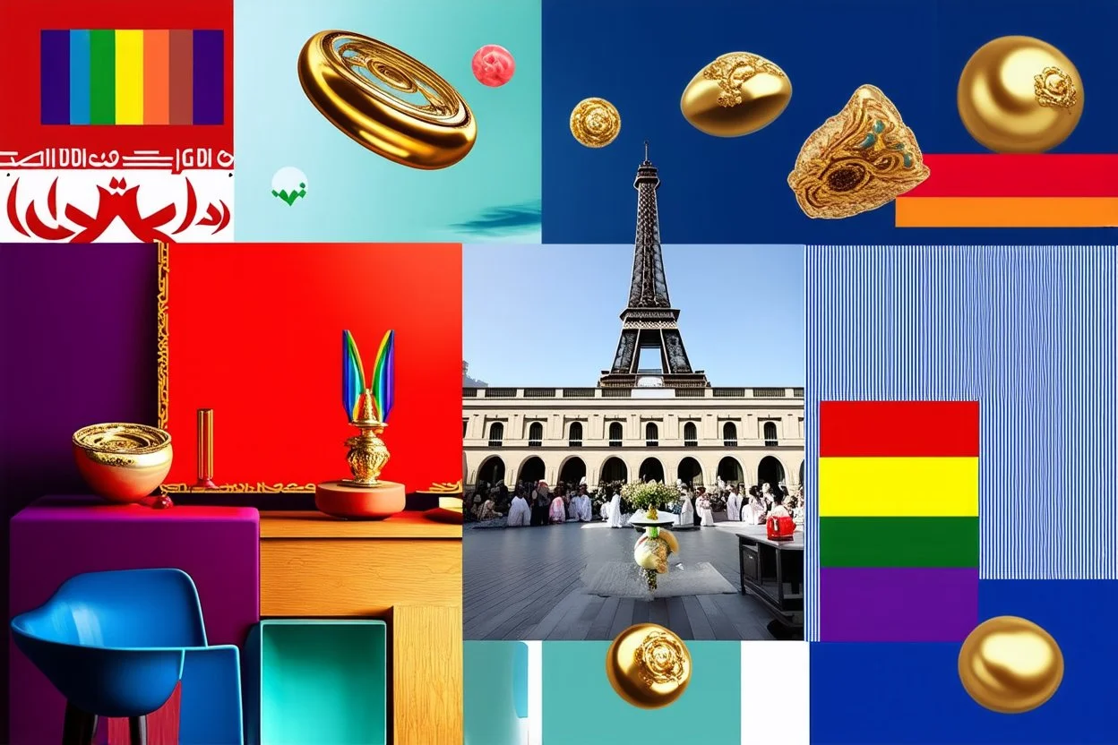 Design a mood board titled "The Future of LGBTQ+ Community in French and Iranian Cultures through a Surreal Lens." Combine elements from both cultures (Parisian architecture, Persian art, Qajar era symbols) with LGBTQ+ themes of identity and freedom. Use surrealist styles like floating objects and dreamlike visuals. The color palette should mix rich Persian hues (red, blue, gold) with vibrant modern shades (pink, purple, neon). The mood should be bold, visionary, and thought-provoking, merging p