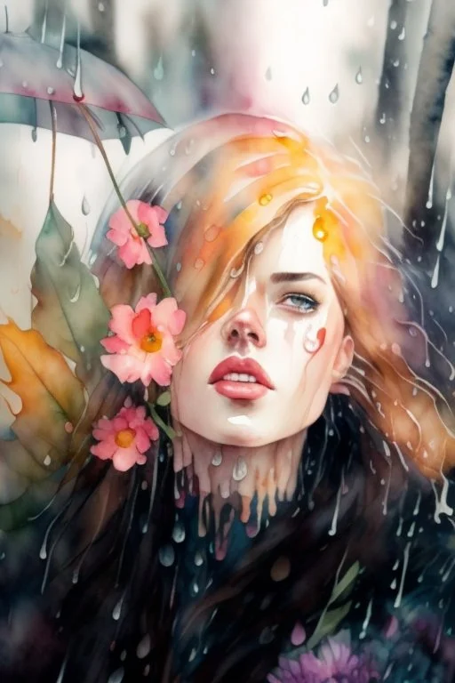 watercolor portrait of a woman, lush hair, rain, flowers, umbrella, autumn, paint blots, splashes, tears, plants