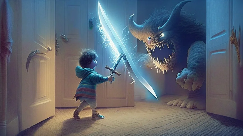 child knocks out the evil monster that came out of his closet with a magical sword