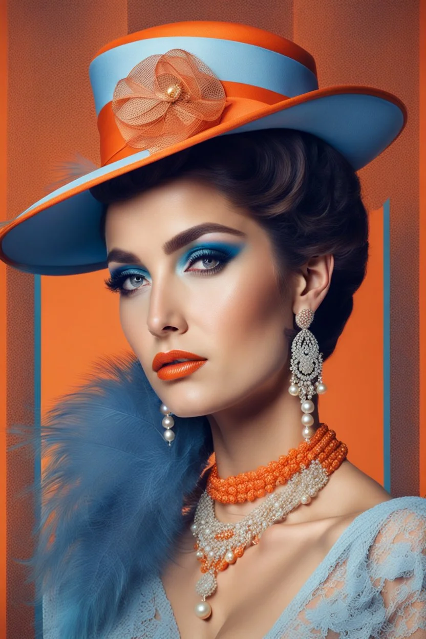 full body beautiful girl, elegant orange,lace clothes of the 80s, luxury style, small elegant hat with feather, hair of the 80s, pearl necklace, earrings masterful, beautiful face,blue backdrop