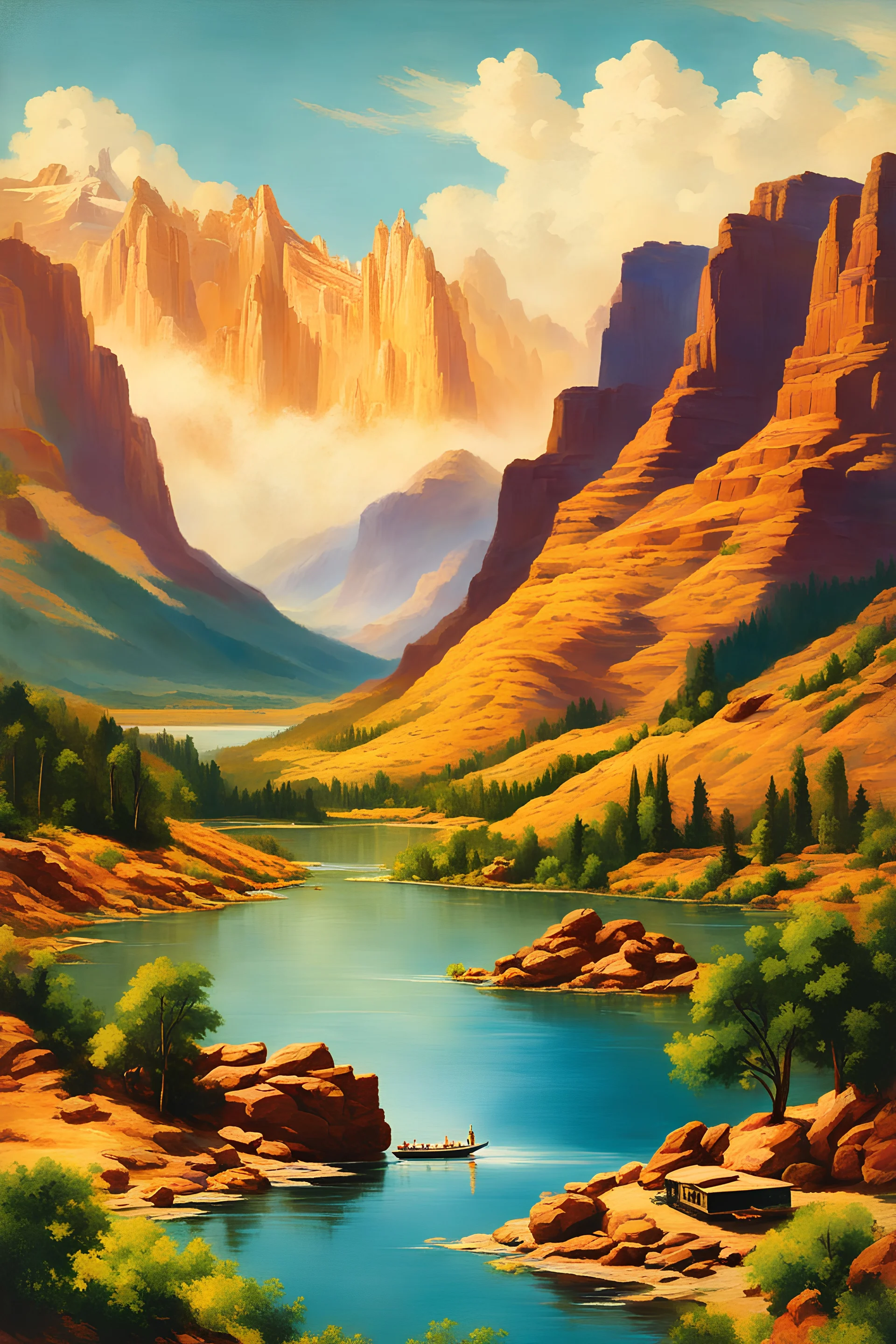 Create a render: mesmerizing vintage travel poster that beautifully captures the enchanting allure of the 1950s, vividly showcasing the nostalgic charm of the Colorado River. Infuse the artwork with the distinctive artistic style of Albert Bierstadt, ensuring that it exudes the timeless grace and scenic splendor of that era.