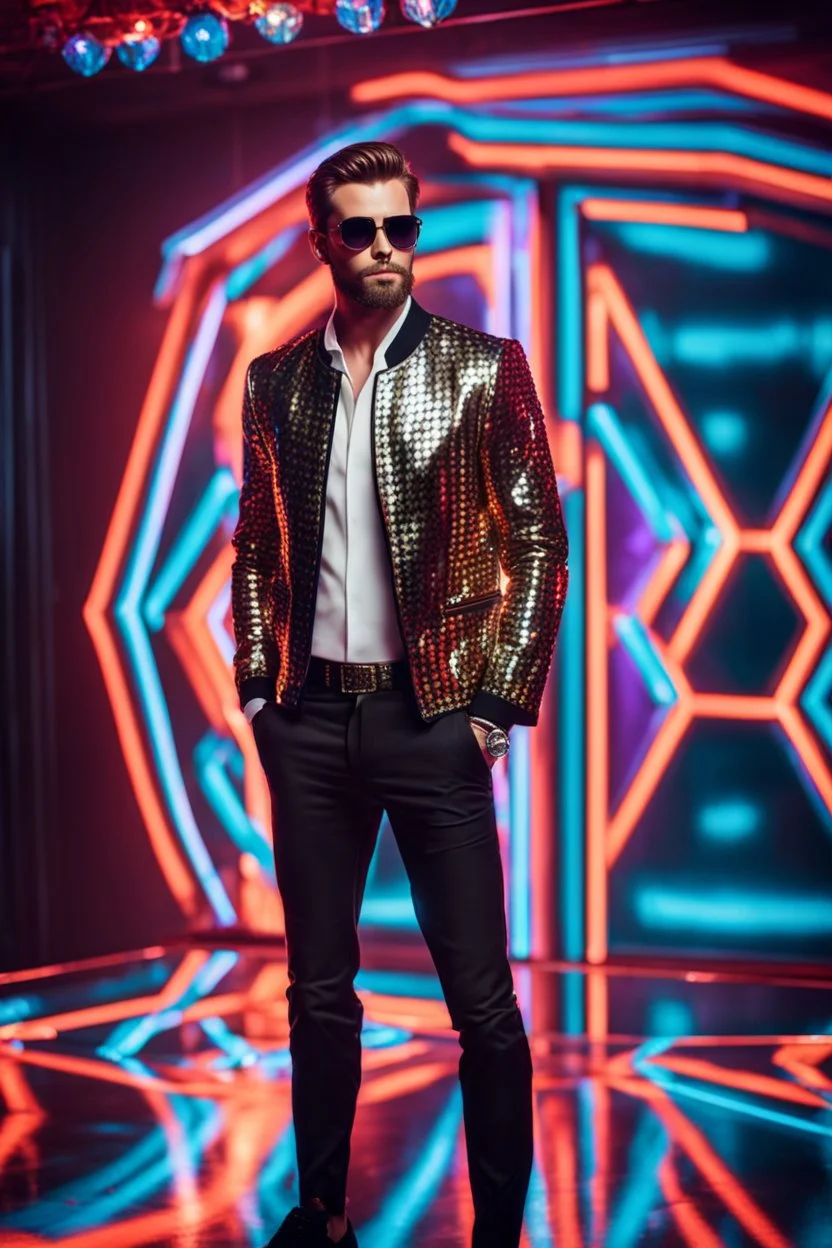 Full body Real photography handsome man super model European on fashion style dressing luxury jacket diamonds patterns,sunglasses,turn on music DJ player in disco club