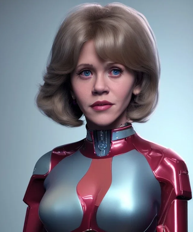 Artist, young jane fonda, android woman, clean skin, short hair, circuits, ghost in the shell, latex coat, feather, cyber punk, neon, bamboo, blood, portrait, studio photo, unreal engine 5, soft color, 16 bit, god lights, ray tracing, RTX, lumen lighting, ultra deatail, volumetric lighting, 3d, finely drawn, hd.