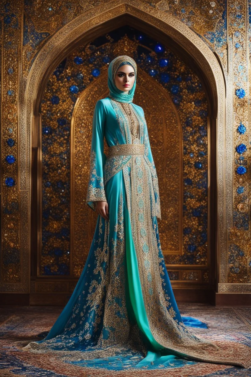 Gorgeous photography full body Beautiful super model iranian hijab dressing Luxury gown islamic colorful art conceptual, amazing artwork,close-up portrait,crystal ornaments background