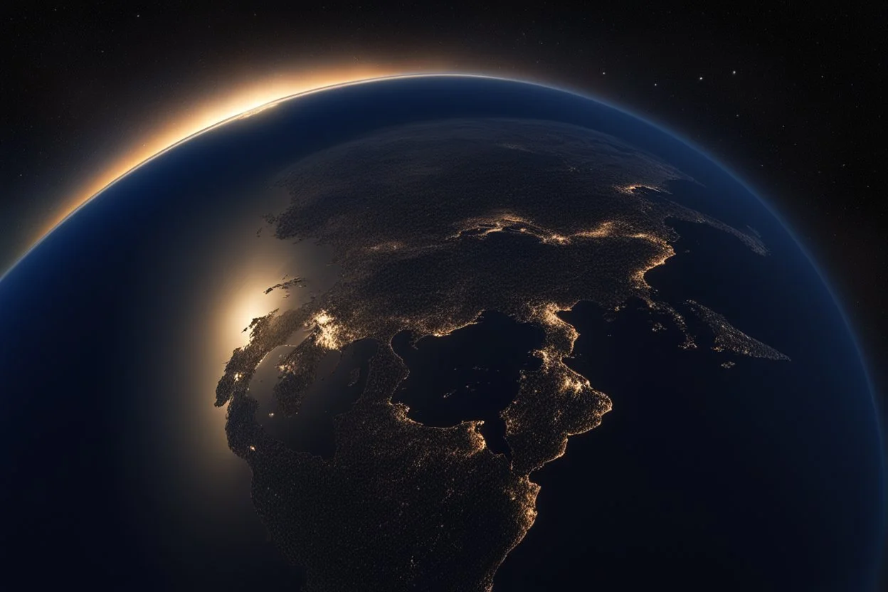 تصوير جوي للأرض من الفضاء، حيث يظهر الكوكب الأزرق الجميل في خلفية مظلمة وغامضة. تتلألأ سطح الأرض بألوانها المتعددة، ويتجلى لمحة من السحب والمحيطات. تنعكس ضوء الشمس بلطف على الجانب المضاء، مشيرةً إلى التنوع والجمال الذي تحمله هذه الكوكبة المعجزة.